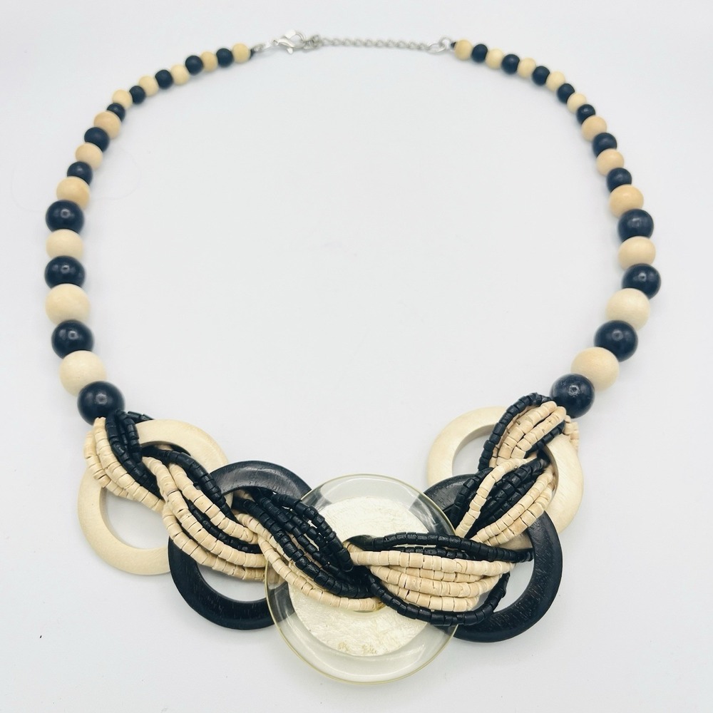 Vintage Y2K Earthy Statement‎ Necklace Chunky Tribal Black Ivory Disk Beaded 29"